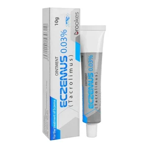 Eczemus 0.03% Tacrolimus Ointment 10g by Brookes — topical treatment for eczema in white and blue tube packaging