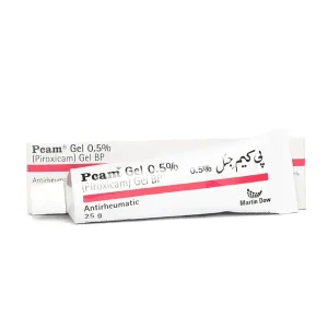 Pcam Gel 0.5% Piroxicam Gel BP by Martin Dow, white and red tube with box, antirheumatic topical gel, 25g