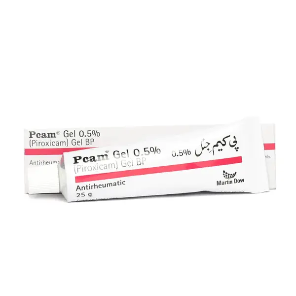 Pcam Gel 0.5% Piroxicam Gel BP by Martin Dow, white and red tube with box, antirheumatic topical gel, 25g