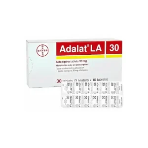 Adalat LA 30 tablet box and blister strips, Nifedipine 30mg, by Bayer, 30 tablets
