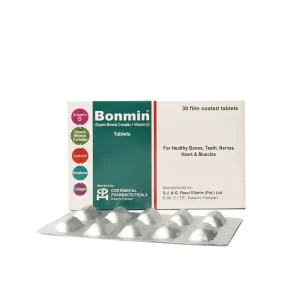 Bonmin Ossein Mineral Complex and Vitamin D Tablets 830mg by Continental Pharmaceuticals — 30 film coated tablets for healthy bones teeth nerves heart and muscles