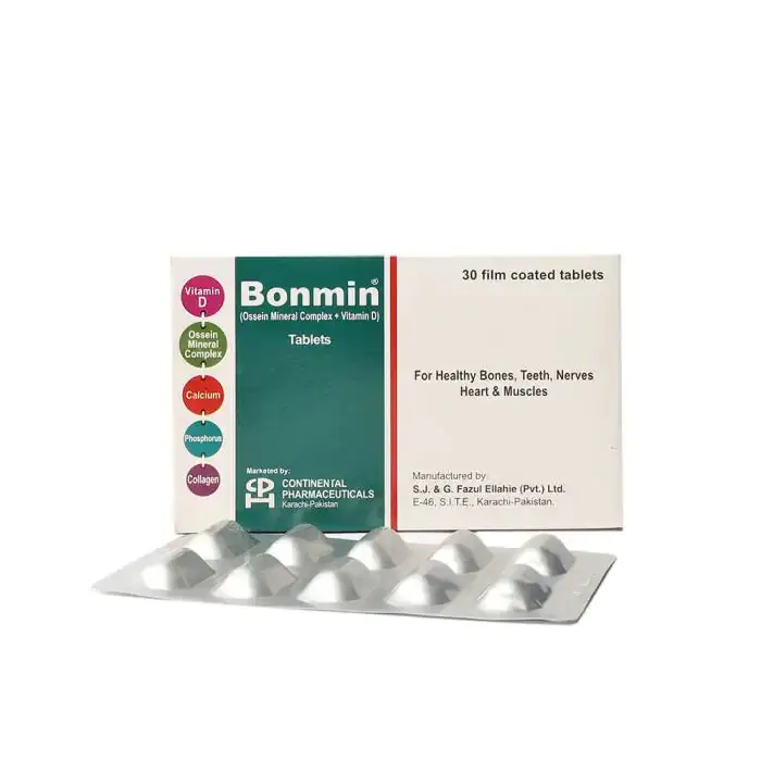 Bonmin Ossein Mineral Complex and Vitamin D Tablets 830mg by Continental Pharmaceuticals — 30 film coated tablets for healthy bones teeth nerves heart and muscles