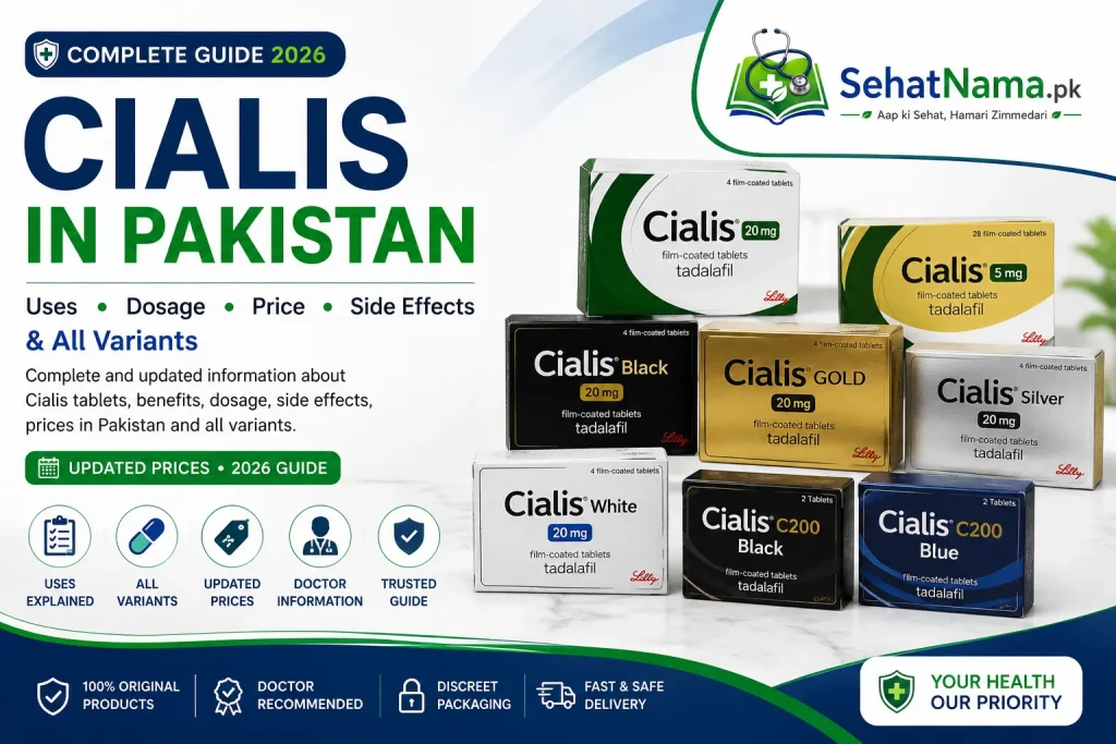 Cialis in Pakistan complete guide featuring Cialis 20mg, 5mg, Gold, Black, Silver, White, and C200 variants with uses, dosage, price, and side effects.