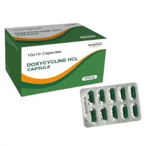 Doxycycline HCl Capsule 100mg box and blister pack, 100 capsules