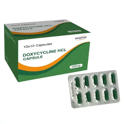 Doxycycline HCl Capsule 100mg box and blister pack, 100 capsules