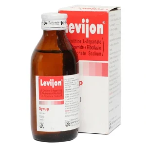 Levijon Syrup 120ml amber bottle with red and white packaging box, L-Ornithine L-Aspartate with Nicotinamide and Riboflavin