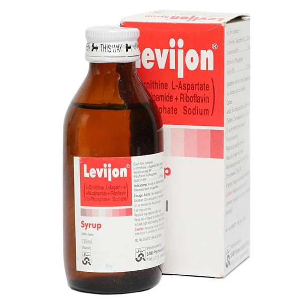 Levijon Syrup 120ml amber bottle with red and white packaging box, L-Ornithine L-Aspartate with Nicotinamide and Riboflavin