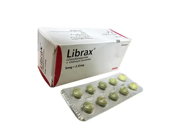 Librax Chlordiazepoxide and Clidinium Bromide 5mg/2.5mg Dragees 50 tabs by MEDA — antispasmodic anxiolytic for IBS and stomach spasms with anxiety