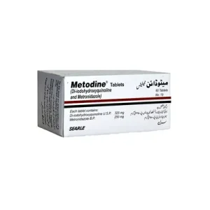 Metodine tablets pack, Di-iodohydroxyquinoline and Metronidazole, 60 tablets, Searle Pakistan