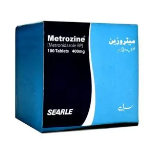 Metrozine 400mg tablet box, Metronidazole BP, 100 tablets, by Searle