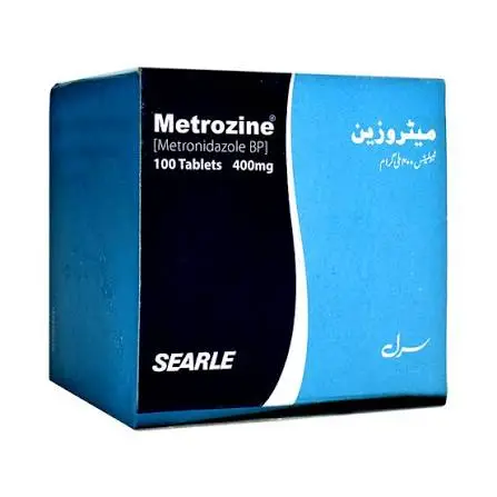 Metrozine 400mg tablet box, Metronidazole BP, 100 tablets, by Searle