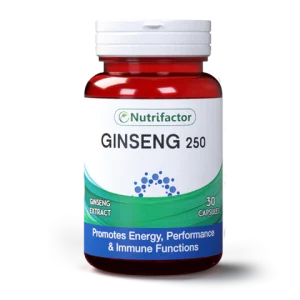 Red Nutrifactor Ginseng 250mg bottle with white cap, 30 capsules, energy and immunity supplement