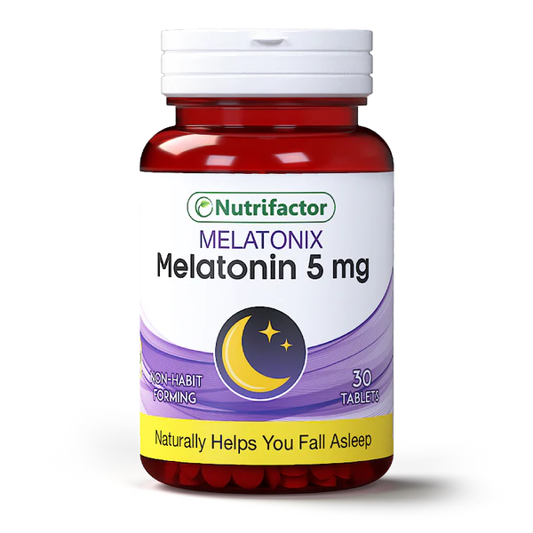 Nutrifactor Melatonix Melatonin 5mg bottle with moon and stars icon, 30 tablets, non-habit forming sleep aid