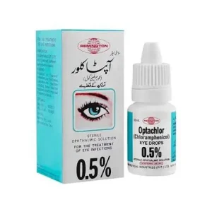 Optachlor eye drops bottle and box, Chloramphenicol 0.5%, sterile ophthalmic solution, by Remington