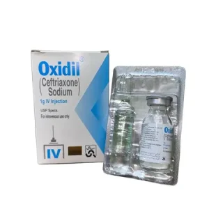 Oxidil 1g IV Injection box with vial and diluent ampoule, Ceftriaxone Sodium for intravenous use